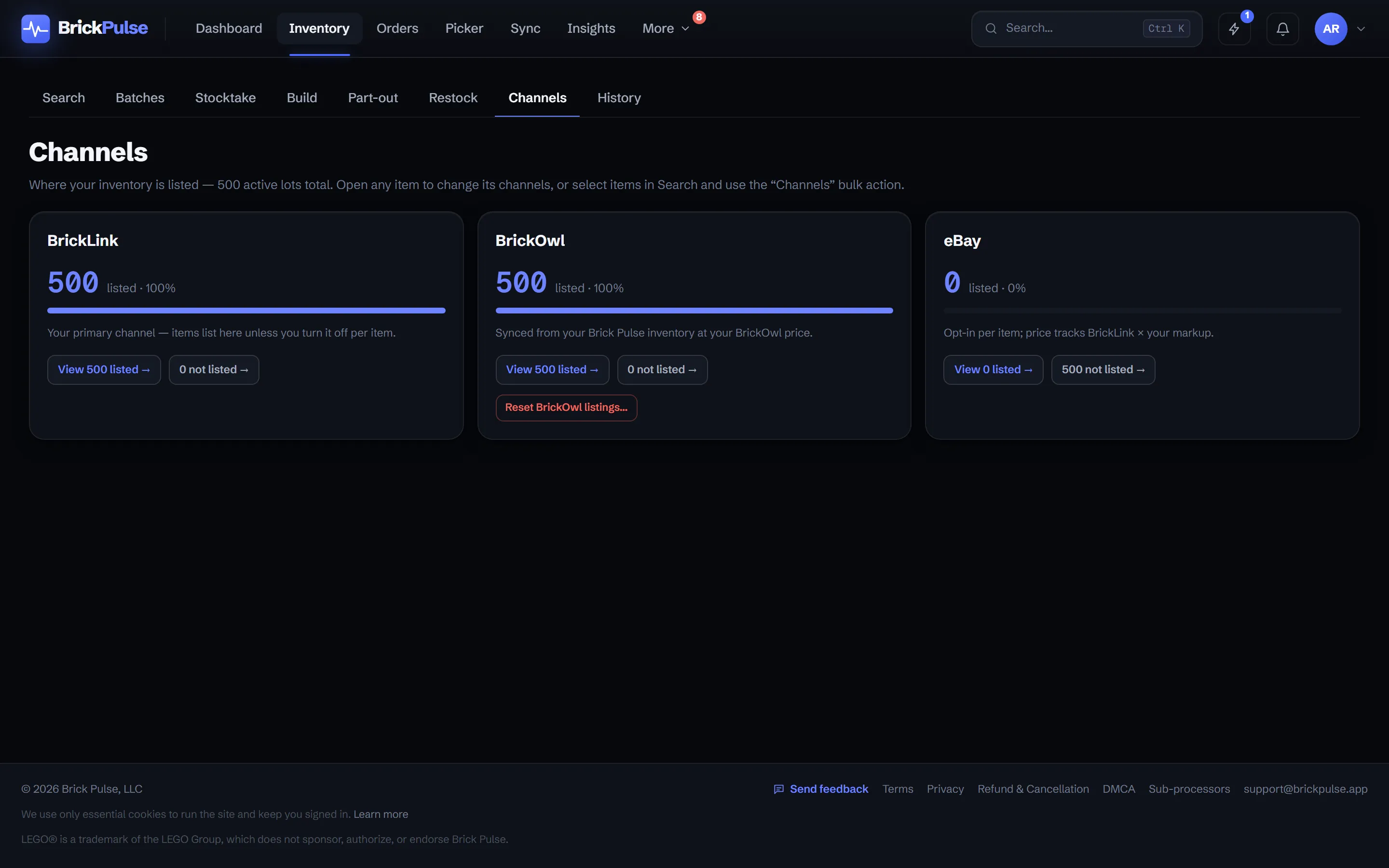The Channels overview: a card per marketplace showing BrickLink and BrickOwl at 500 lots listed and eBay opt-in, each with View listed and Not listed links plus a bulk Channels action.