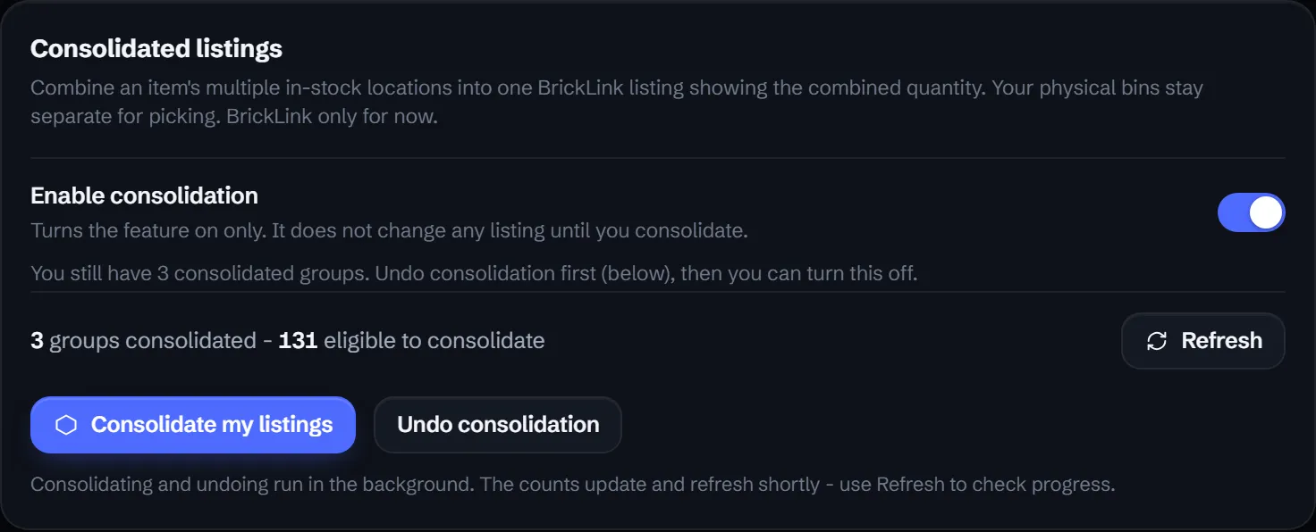 The Consolidated listings section in Settings: an Enable consolidation toggle, a count of consolidated and eligible groups, and Consolidate my listings and Undo consolidation buttons.