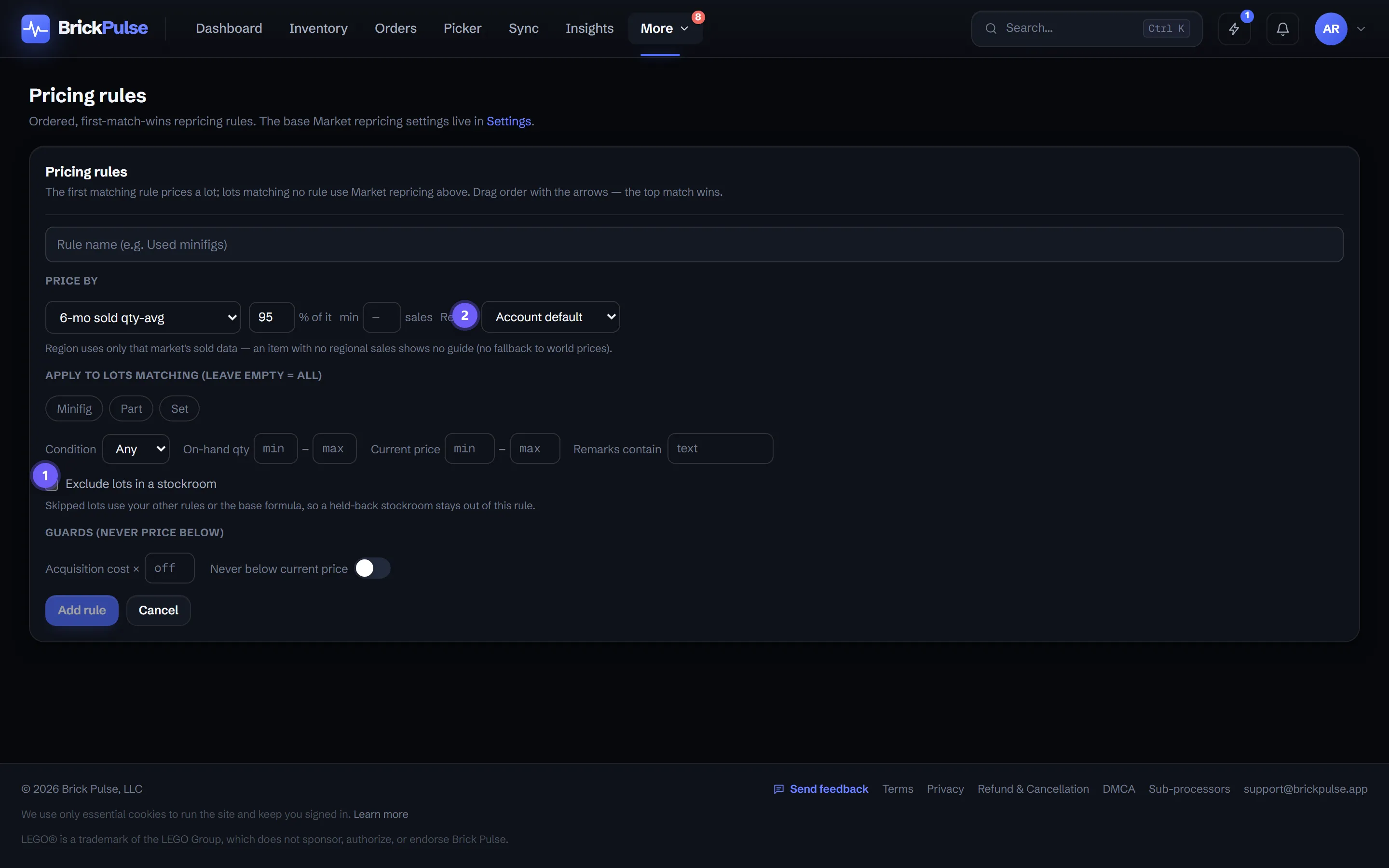 The BrickPulse pricing-rule editor with a rule name field, a Price by strategy and target-percent row, item-type, condition, quantity, price, and remarks match filters, an Exclude lots in a stockroom checkbox, a price-guide region dropdown set to Account default, and acquisition-cost and never-below-current-price guards.