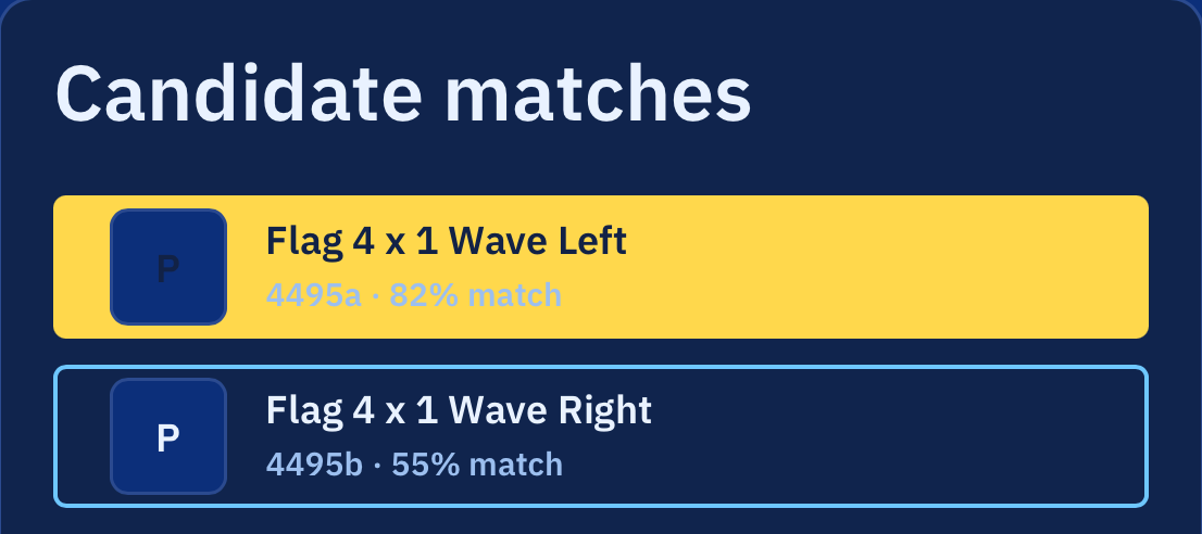 Brick Pulse candidate matches list showing Flag 4 x 1 Wave Left, 4495a, 82% match, highlighted first, and Flag 4 x 1 Wave Right, 4495b, 55% match.